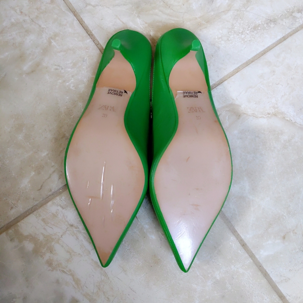 Rare! 🎉HP🎉 Zara Kelly Kermit Green Leather Pointy Toe Mules 38 39 - Picture 8 of 9
